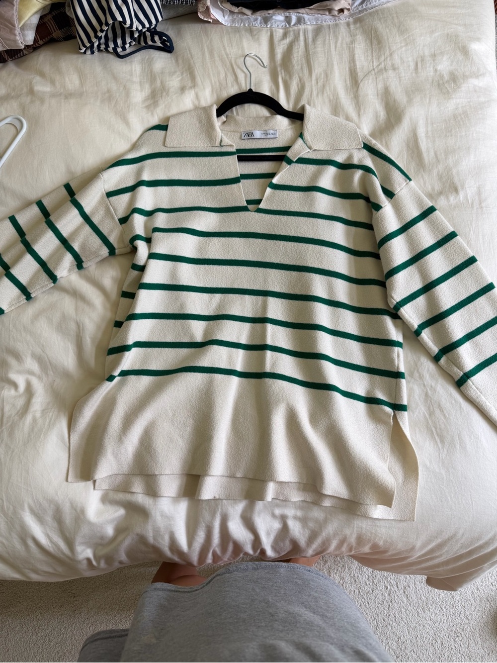 Zara Cream & Green Striped Collared Sweater